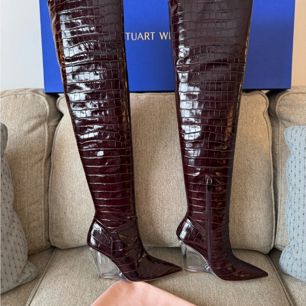 👠 Stuart Weitzman Lucite Boots size 7 thigh high boots deep plum color - Picture 4 of 9